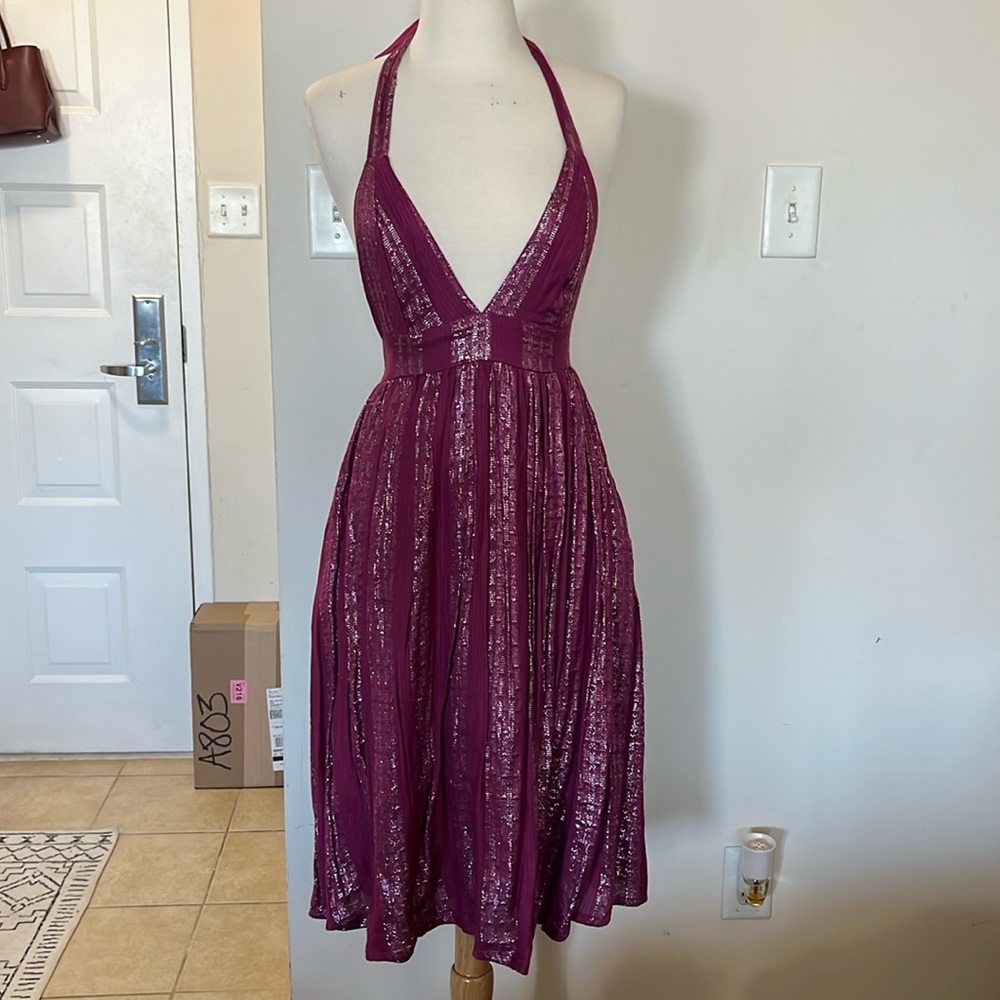 Purple and Silver Halter, Backless Dress.